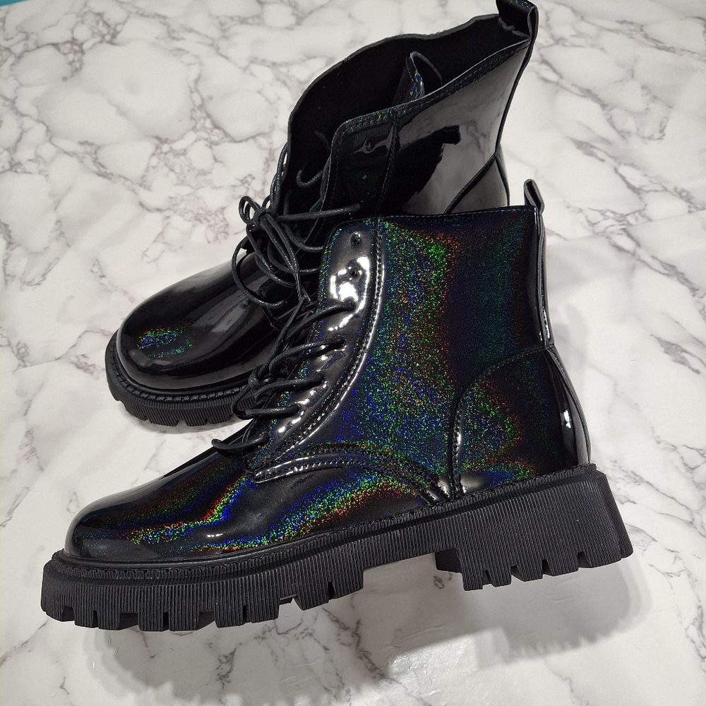 Holographic Glitter Combat Boots